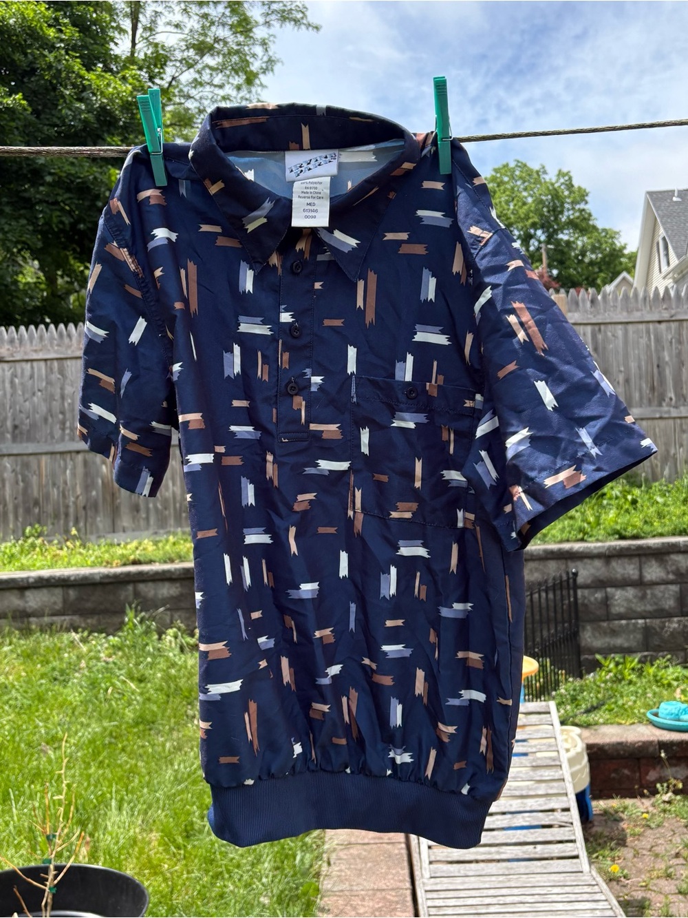 Vintage Men’s Abstract Print Button Shirt Medium Navy Retro 90s Polyester Top